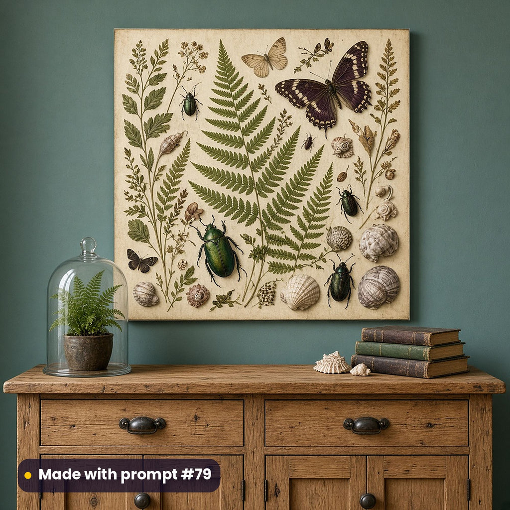 Wall art of a full scenic Victorian naturalist composition of ferns, botanicals and specimens, on a dining-room wall, made with prompt #79