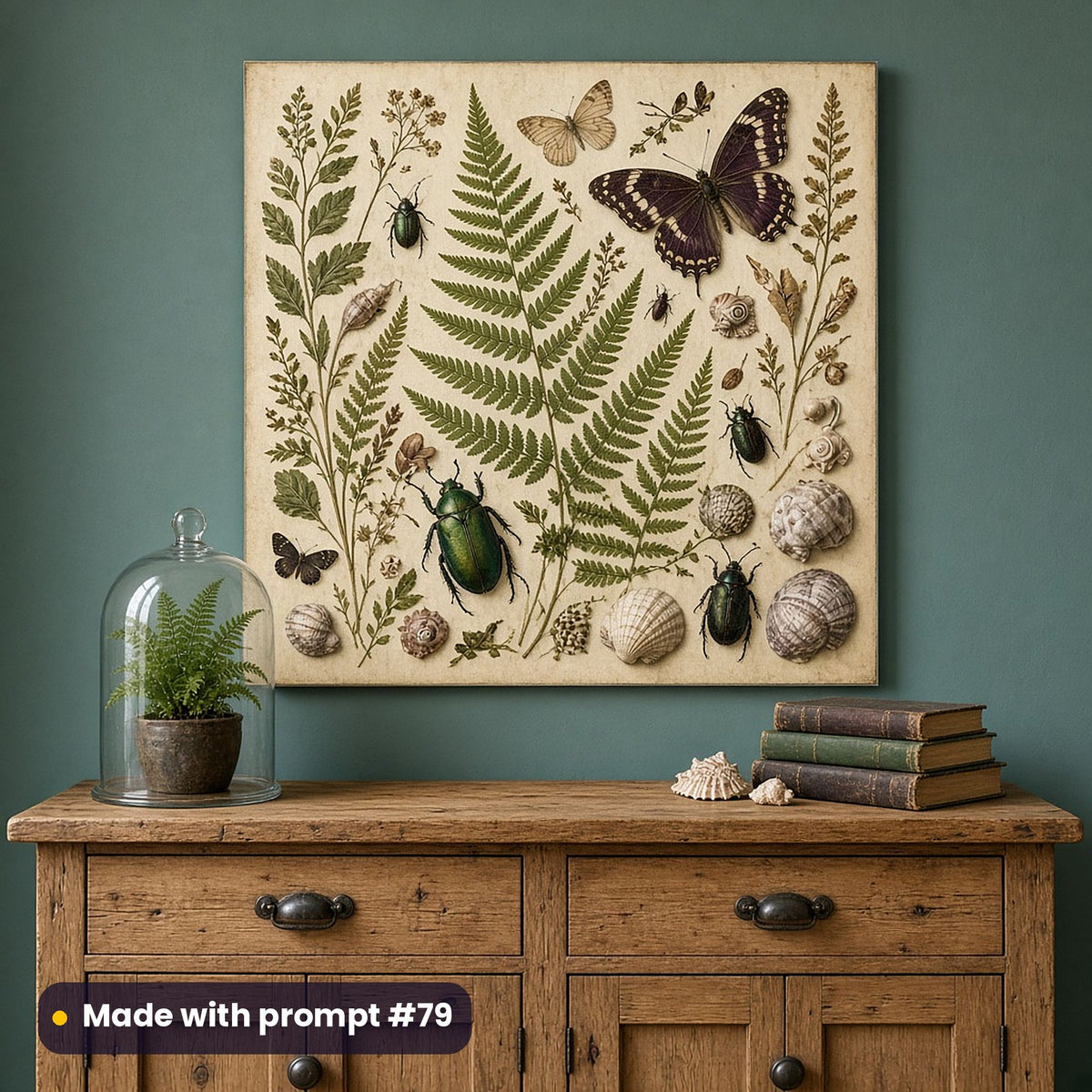 Wall art of a full scenic Victorian naturalist composition of ferns, botanicals and specimens, on a dining-room wall, made with prompt #79