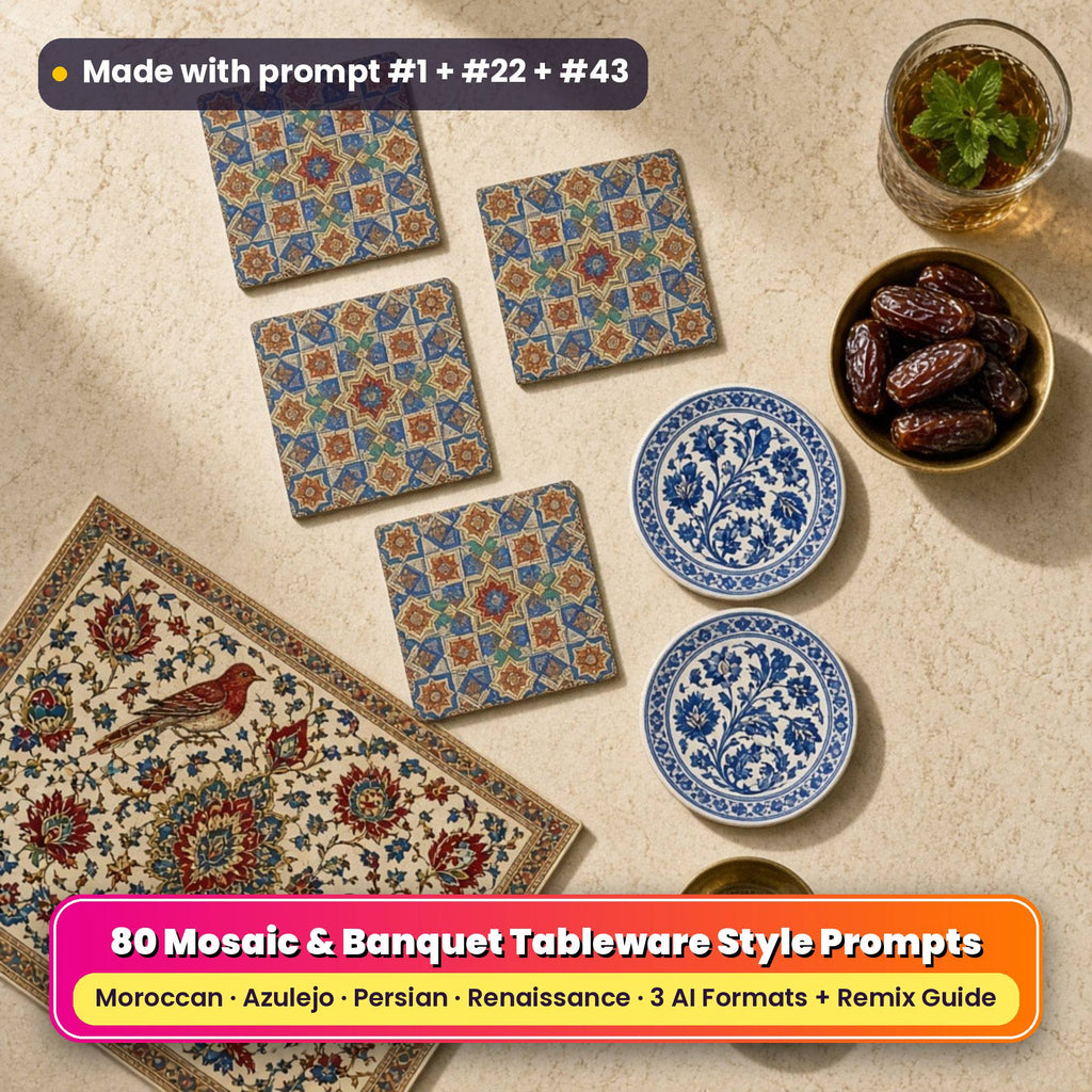 Decorative style tableware on a dark wood table: square coasters printed with Moroccan mosaic geometry, round coasters printed with blue and white azulejo-style tiles, and a placemat printed with a Persian garden of flowers, cypress and birds, made with prompt #1 + #22 + #43