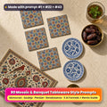Decorative style tableware on a dark wood table: square coasters printed with Moroccan mosaic geometry, round coasters printed with blue and white azulejo-style tiles, and a placemat printed with a Persian garden of flowers, cypress and birds, made with prompt #1 + #22 + #43