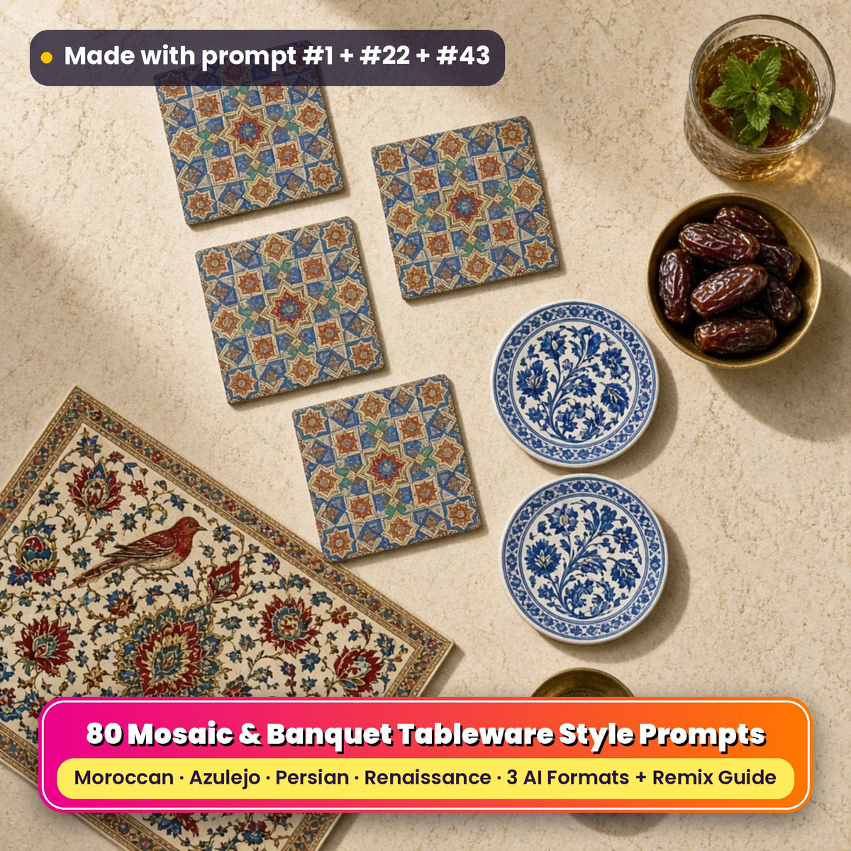 Decorative style tableware on a dark wood table: square coasters printed with Moroccan mosaic geometry, round coasters printed with blue and white azulejo-style tiles, and a placemat printed with a Persian garden of flowers, cypress and birds, made with prompt #1 + #22 + #43