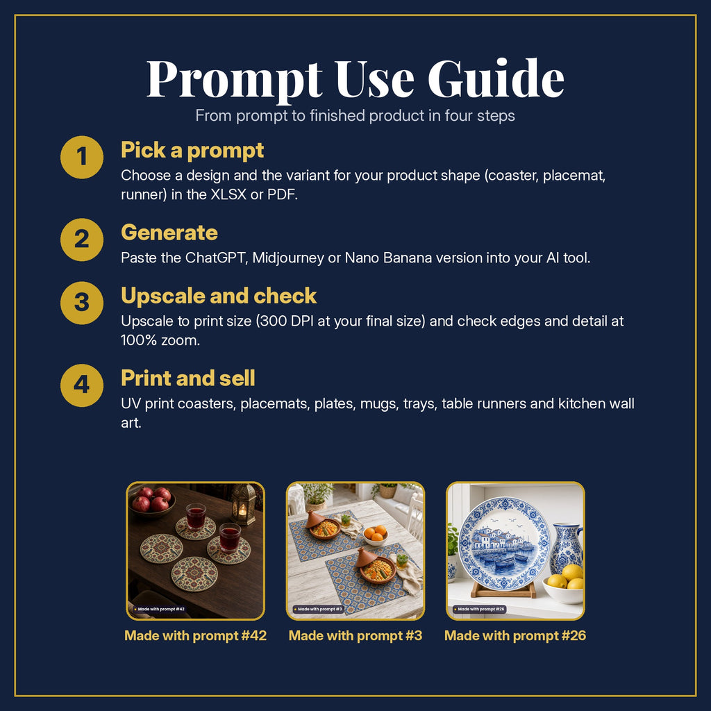Prompt Use Guide in four steps: pick a prompt, generate, upscale and check, print and sell, with example products made with prompt #42, prompt #3, prompt #26