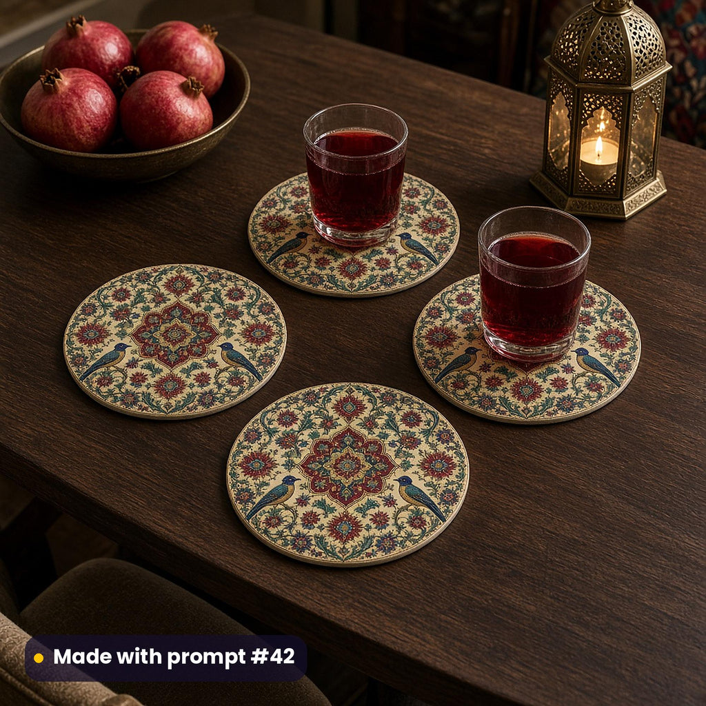 Four round coasters printed with jewel-toned Persian garden flowers and birds, with mint tea glasses on a carved wood table, made with prompt #42