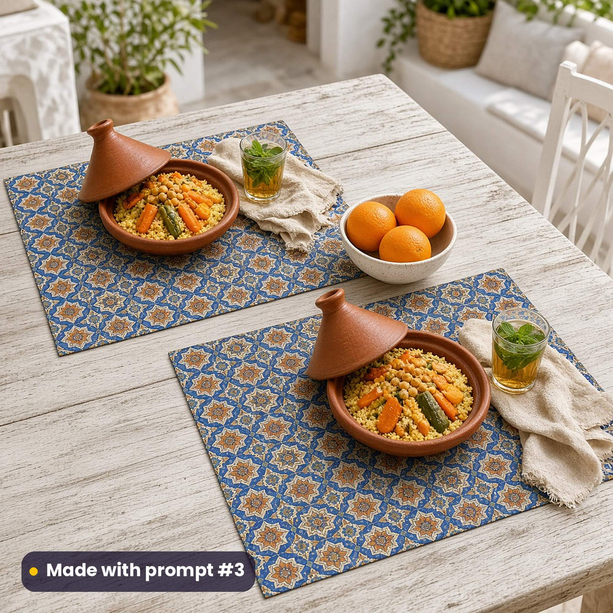 Two placemats printed with Moroccan mosaic geometry in blue, terracotta and gold, set with tagines and flatbread on a dining table, made with prompt #3