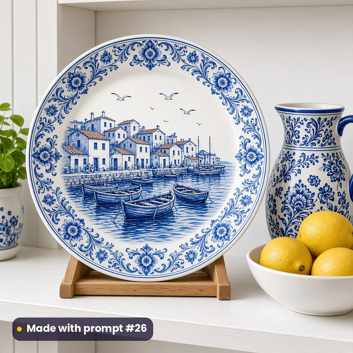 Round plate painted in blue and white tile style with an imaginary fishing harbour, boats and floral scrollwork, on a stand on a white kitchen shelf beside lemons, made with prompt #26