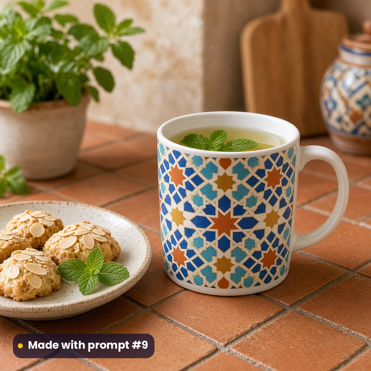 White mug with a premium vector Moroccan mosaic pattern, holding mint tea on a kitchen counter, made with prompt #9