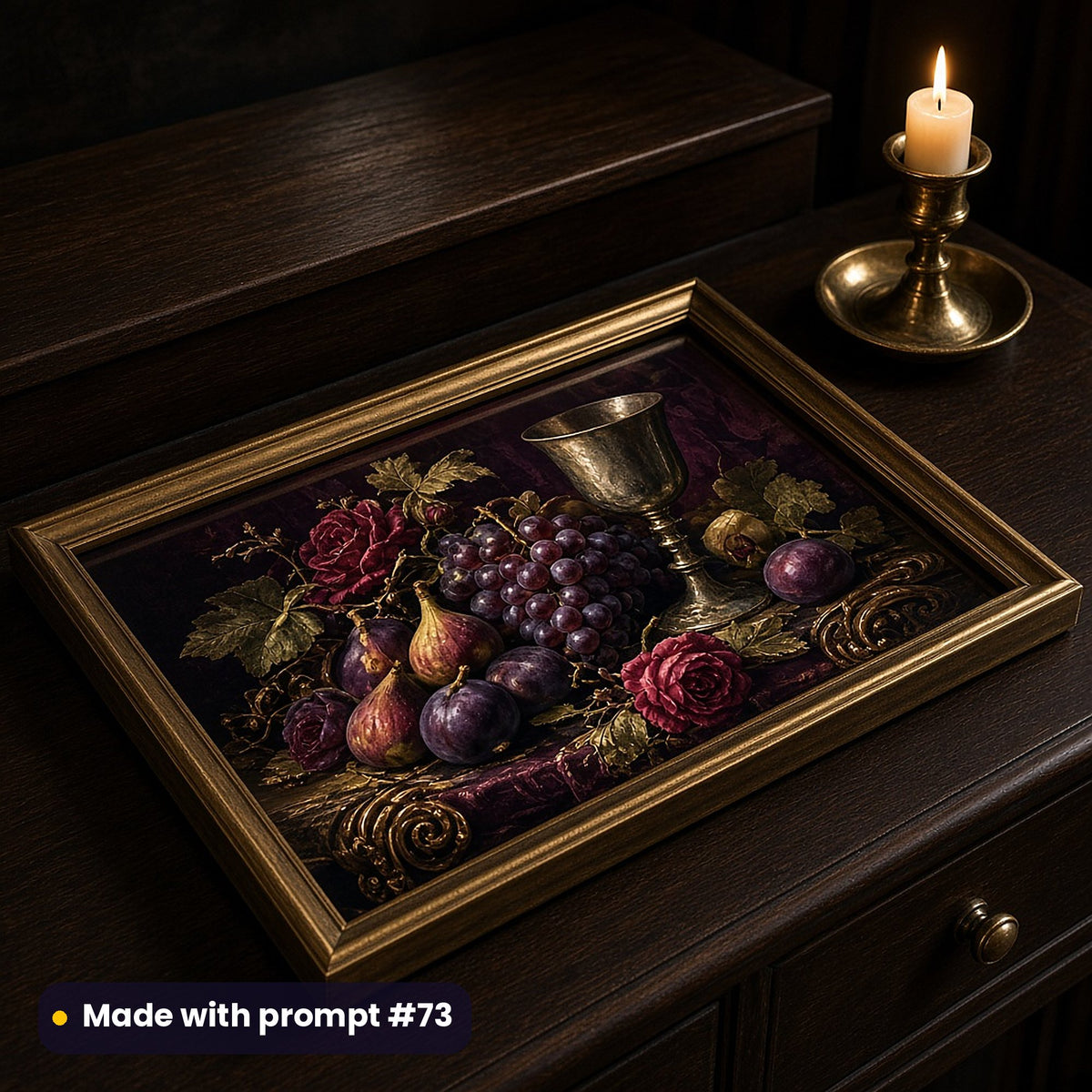 Tray printed with a dark luxury Renaissance-style still life of fruit, flowers and silverware, on a candlelit sideboard, made with prompt #73