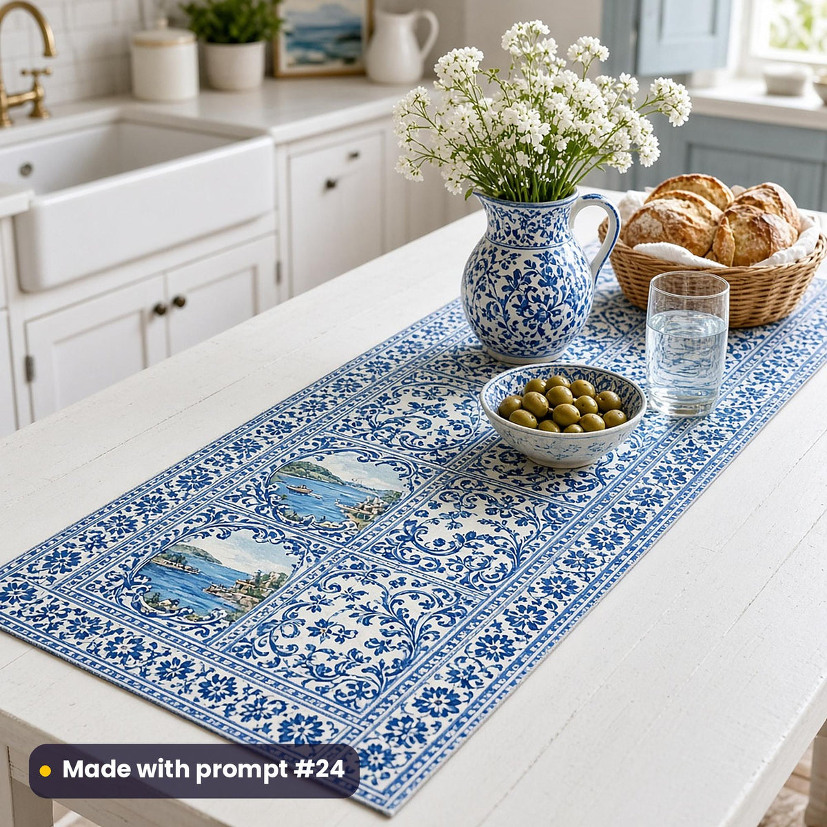Table runner printed with blue and white azulejo-style tile panels, on a sunny dining table with bread, olives and lemons, made with prompt #24