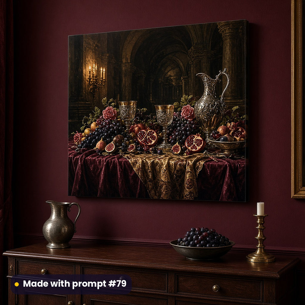 Wall art of a full scenic Renaissance banquet still life of fruit, bread and flowers, on a dining-room wall above a sideboard, made with prompt #79