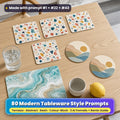 Modern style tableware on a pale oak table: square coasters printed with coral, teal, mustard and navy terrazzo, round coasters printed with an organic abstract landscape of hills, sea and sun, and a placemat printed with turquoise fluid resin ocean art with gold veins, beside iced water and a lemon, made with prompt #1 + #22 + #43