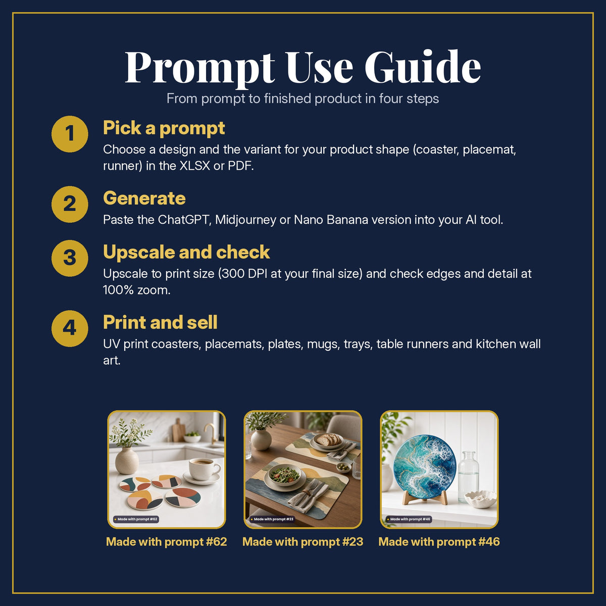 Prompt Use Guide in four steps: pick a prompt, generate, upscale and check, print and sell, with example products made with prompt #62, prompt #23, prompt #46