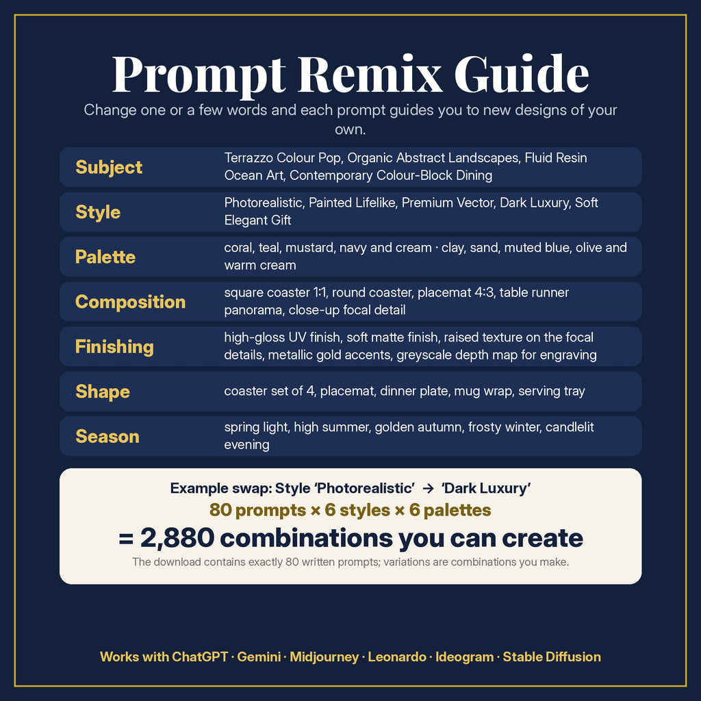 Prompt Remix Guide: change subject, style, palette, composition, finishing, shape and season; 80 prompts × 6 styles × 6 palettes = 2,880 combinations you can create