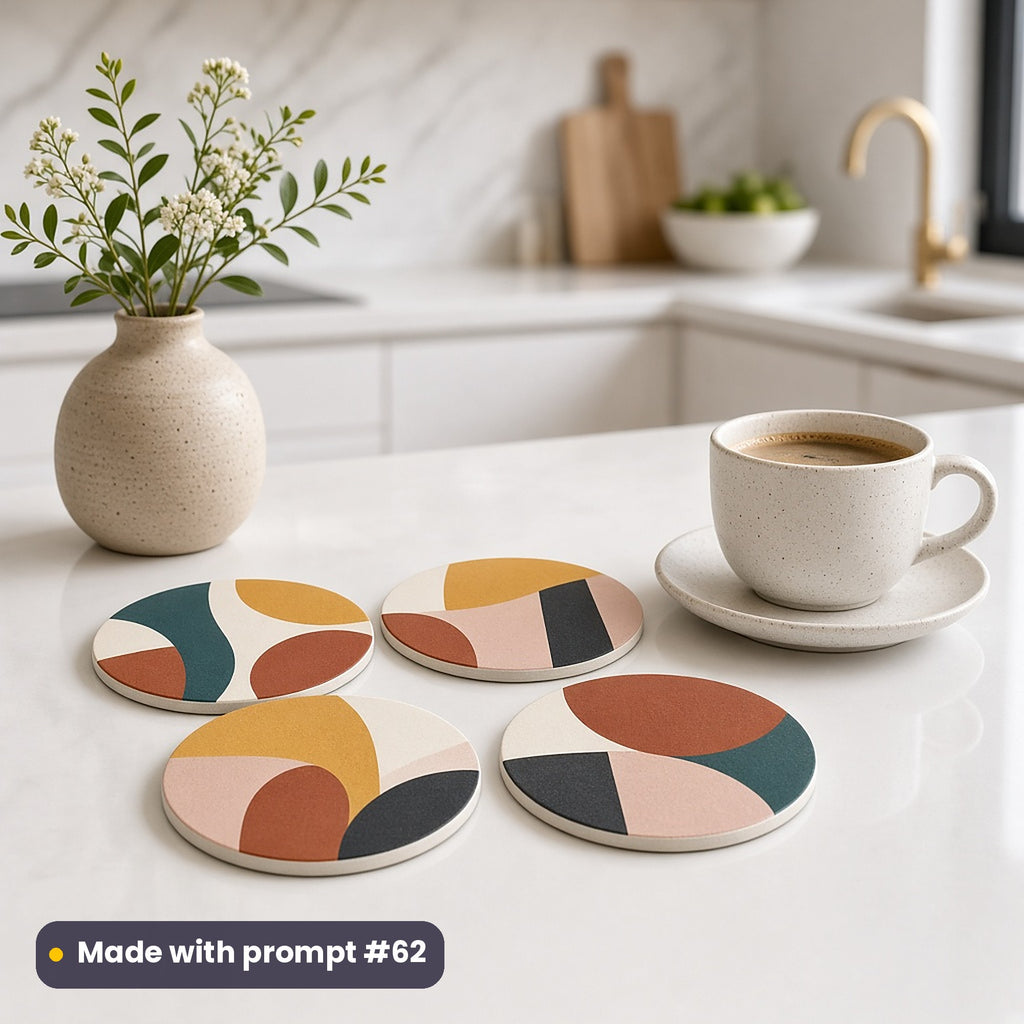 Four round coasters printed with contemporary colour-block arches in mustard, blush, rust, teal and charcoal, beside a coffee cup and a vase on a white kitchen island, made with prompt #62