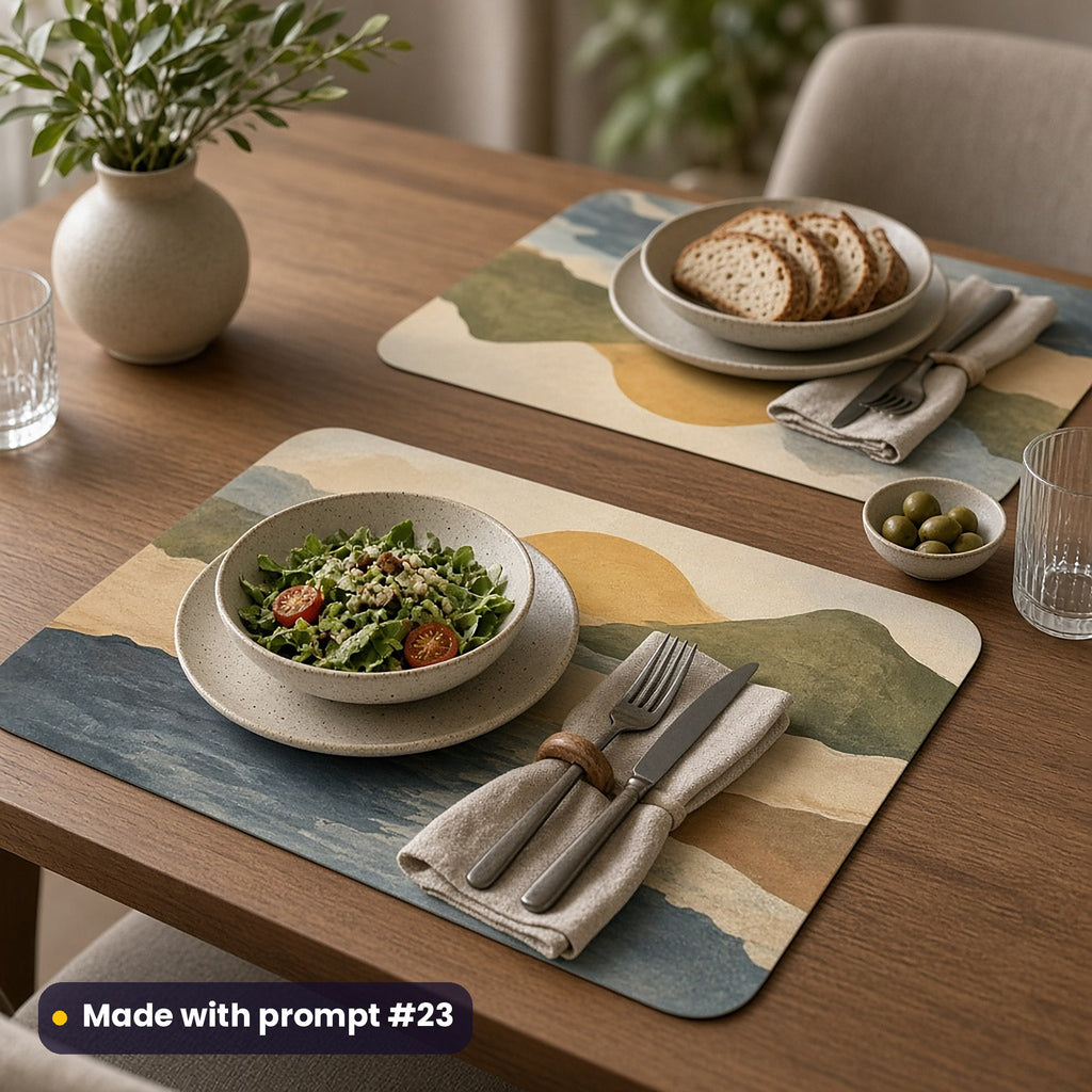 Two placemats printed with organic abstract landscapes in clay, sand, muted blue and olive, set with stoneware, salad and bread on a dining table, made with prompt #23