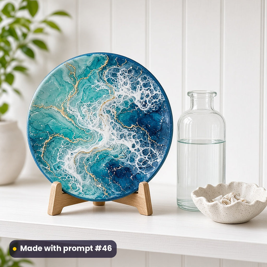 Round plate painted with fluid resin ocean art in turquoise and deep blue with white lacing and gold veins, on a stand on a white kitchen shelf, made with prompt #46