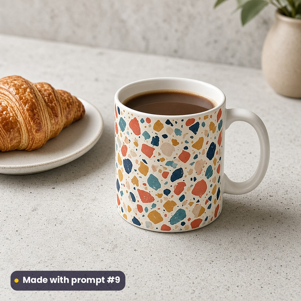 White mug with a premium vector terrazzo pattern in coral, teal, mustard and navy, holding coffee beside a croissant on a concrete counter, made with prompt #9