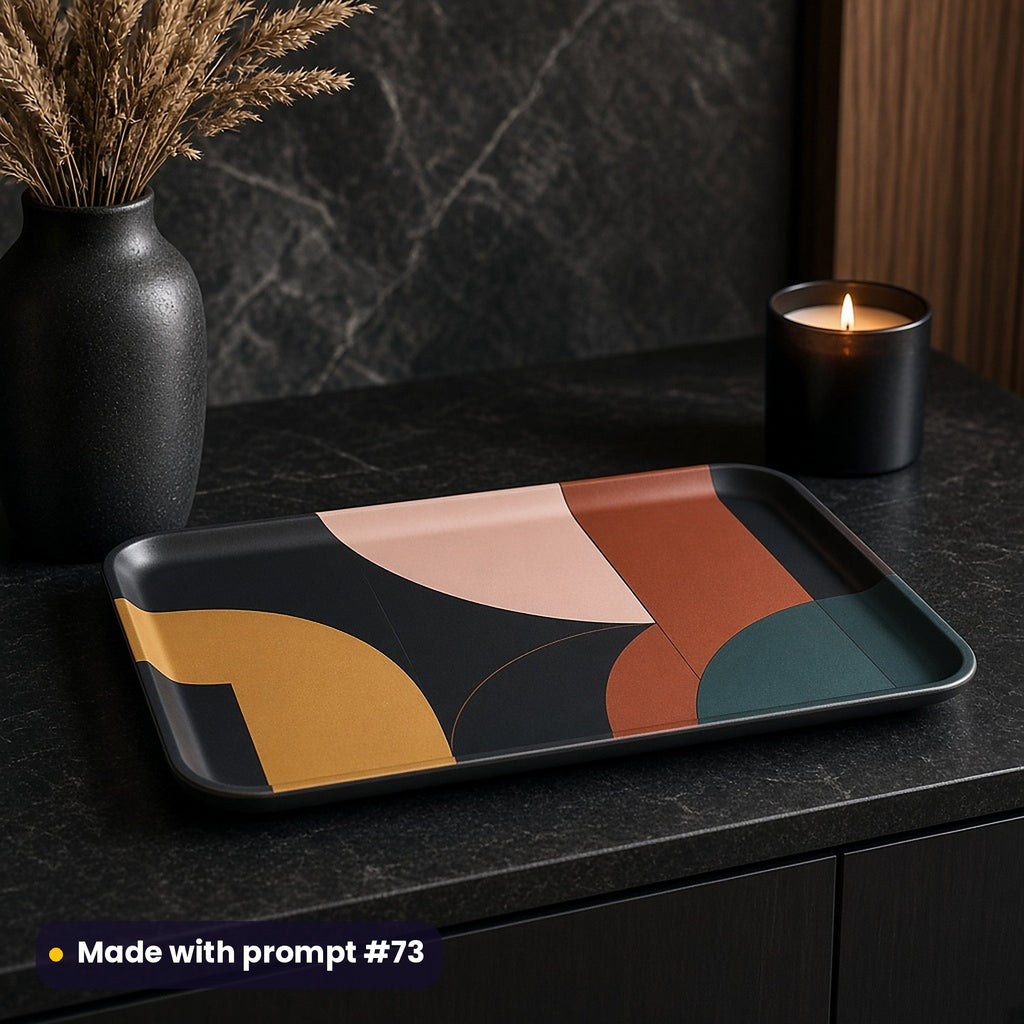 Tray printed with dark luxury colour-block arches in mustard, blush, rust and teal on charcoal, on a black stone counter beside a candle, made with prompt #73