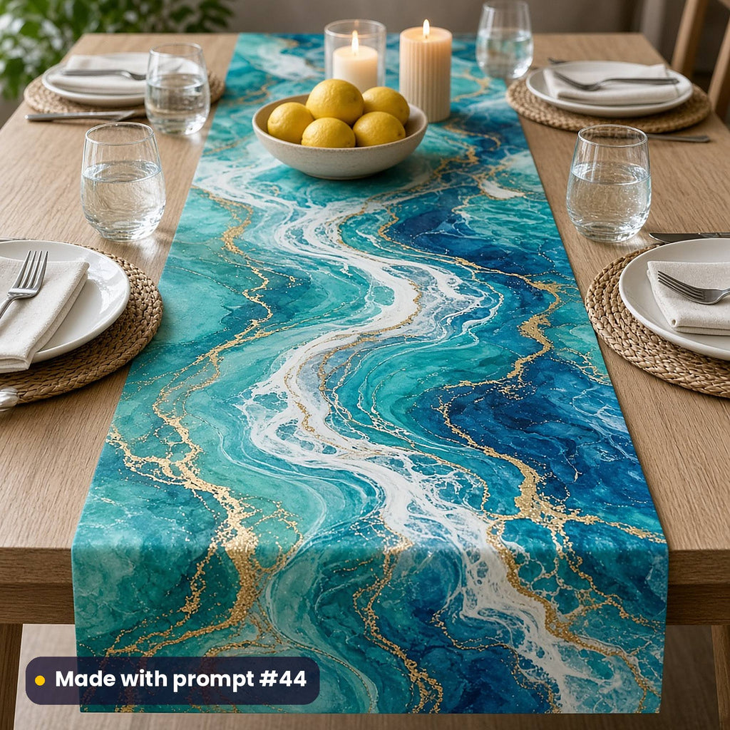 Table runner printed with turquoise and blue fluid resin ocean art with gold veins, on an oak dining table with white plates, lemons and candles, made with prompt #44