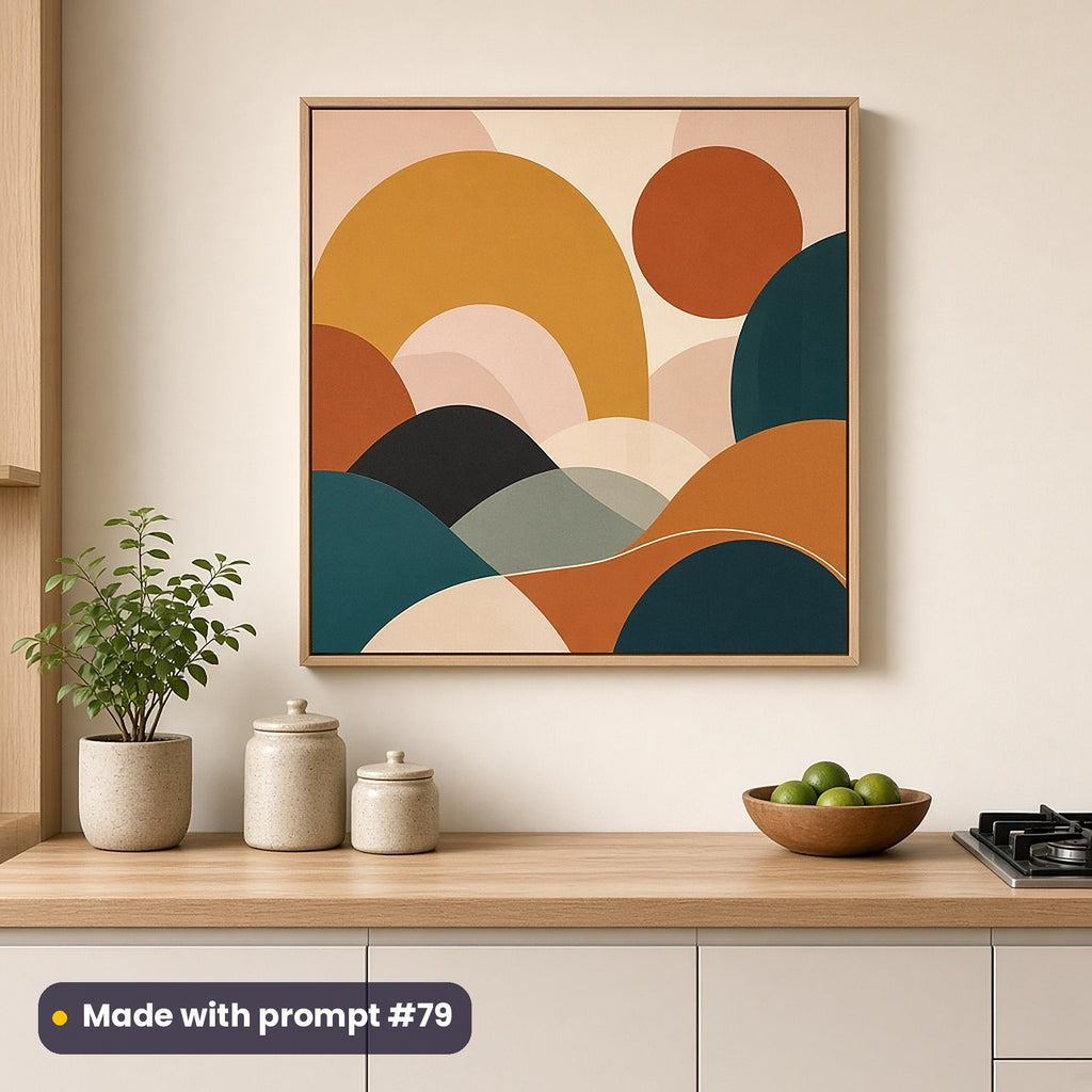 Wall art of a full scenic colour-block composition of arches, sun circles and curved hills, on a cream kitchen wall above an oak counter, made with prompt #79