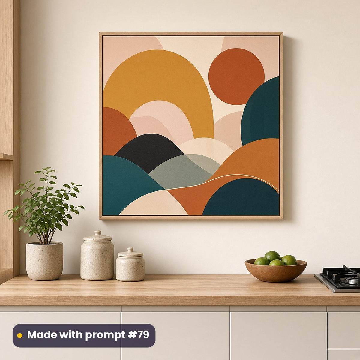 Wall art of a full scenic colour-block composition of arches, sun circles and curved hills, on a cream kitchen wall above an oak counter, made with prompt #79