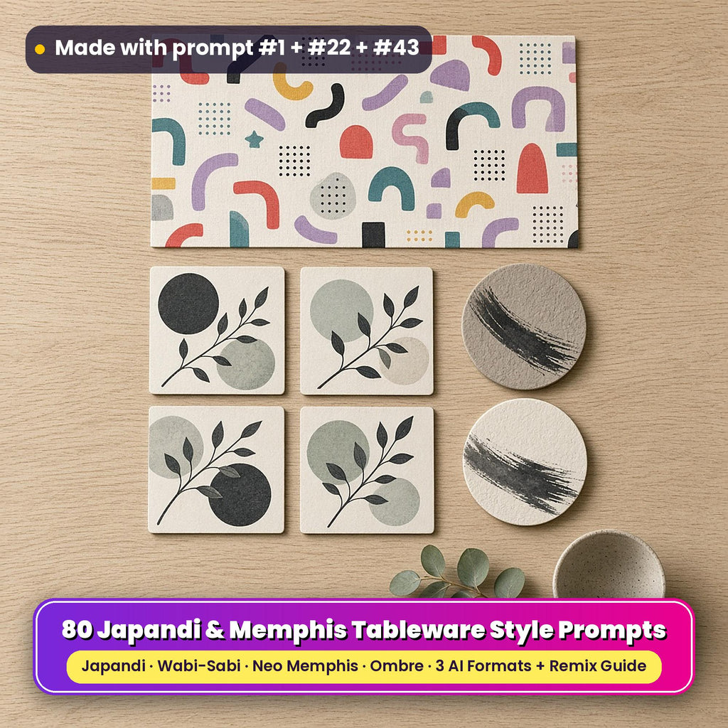 Modern style tableware on a pale oak table: a placemat printed with neo Memphis squiggles, dots and arches, square coasters printed with Japandi branches and soft stone circles in charcoal and sage, and round coasters printed with wabi-sabi clay texture and ink-brush strokes, beside a stoneware cup and eucalyptus, made with prompt #1 + #22 + #43