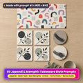 Modern style tableware on a pale oak table: a placemat printed with neo Memphis squiggles, dots and arches, square coasters printed with Japandi branches and soft stone circles in charcoal and sage, and round coasters printed with wabi-sabi clay texture and ink-brush strokes, beside a stoneware cup and eucalyptus, made with prompt #1 + #22 + #43