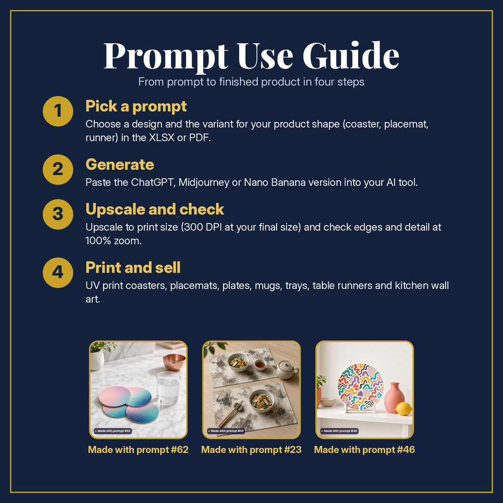 Prompt Use Guide in four steps: pick a prompt, generate, upscale and check, print and sell, with example products made with prompt #62, prompt #23, prompt #46