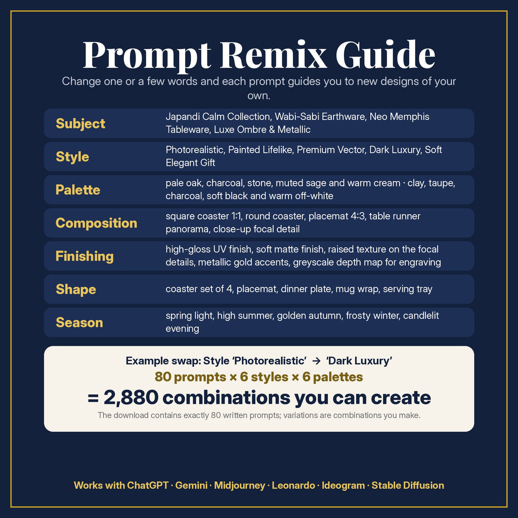 Prompt Remix Guide: change subject, style, palette, composition, finishing, shape and season; 80 prompts × 6 styles × 6 palettes = 2,880 combinations you can create
