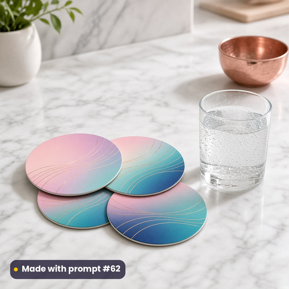Four round coasters printed with pink, teal and navy ombre gradients with fine rose-gold lines, beside sparkling water and a copper bowl on a marble counter, made with prompt #62