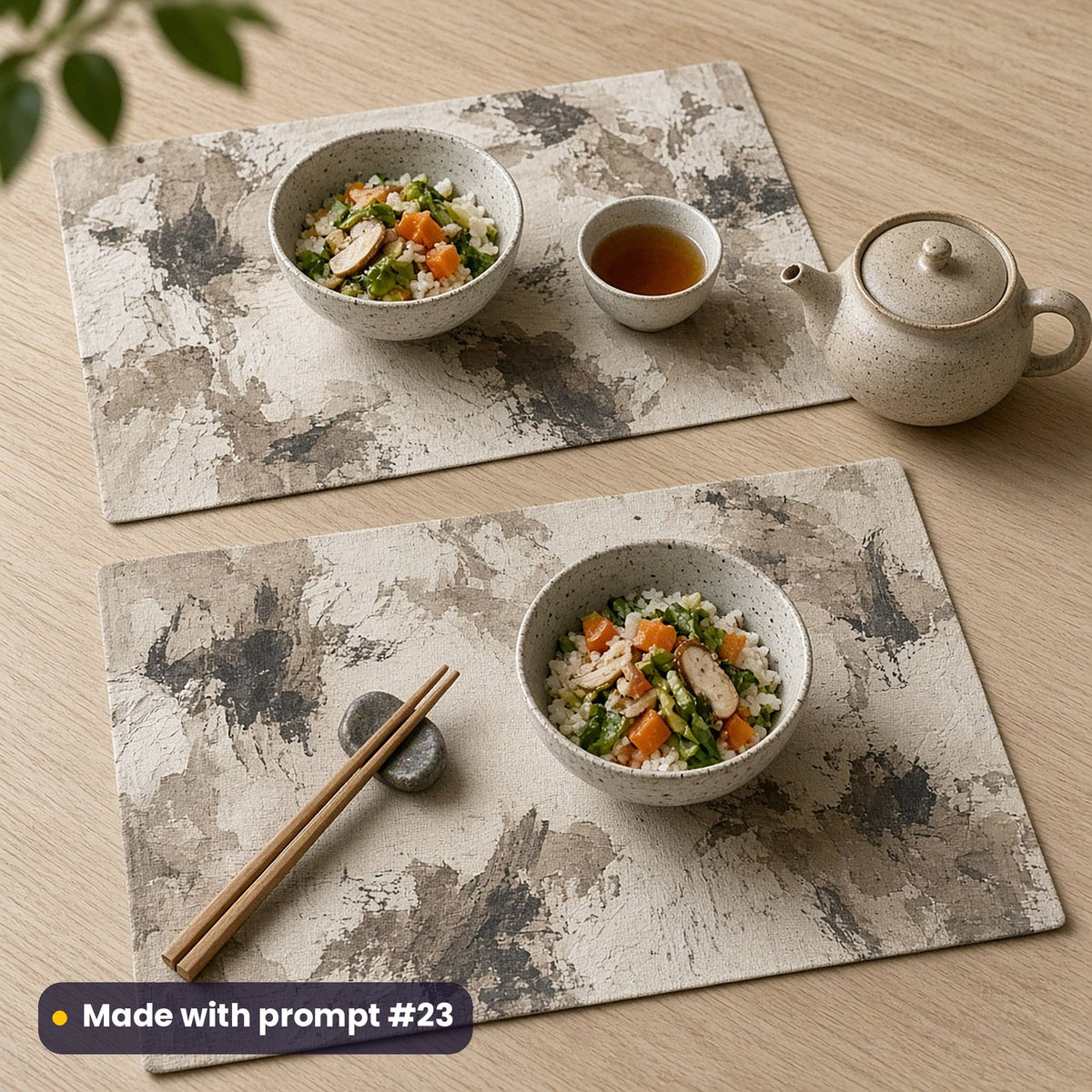 Two placemats printed with wabi-sabi clay texture and charcoal ink-brush marks, set with stoneware rice bowls, chopsticks and a teapot, made with prompt #23