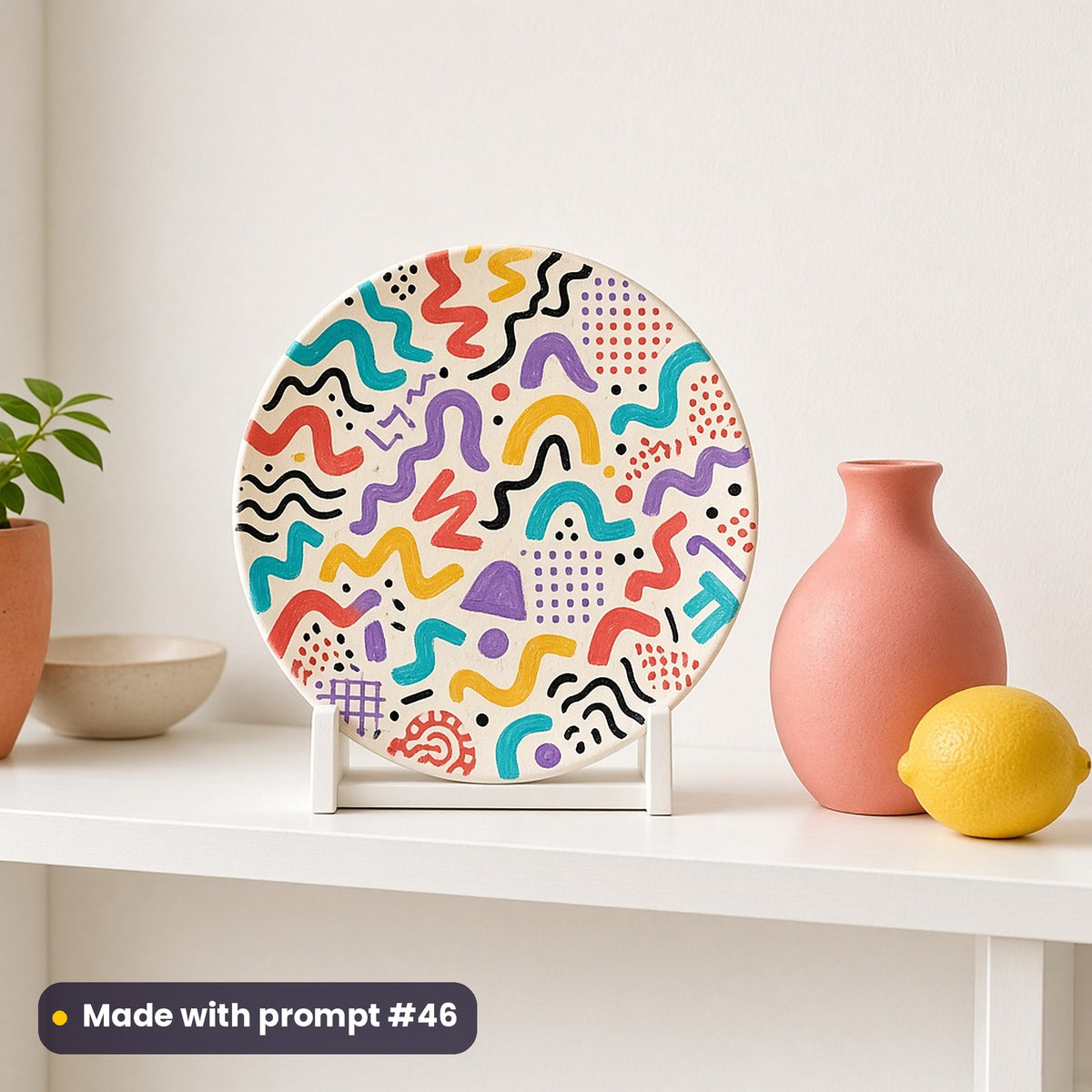 Round plate painted with neo Memphis squiggles, dots and zigzags in turquoise, coral, lilac and mustard, on a stand on a white shelf beside a coral vase, made with prompt #46