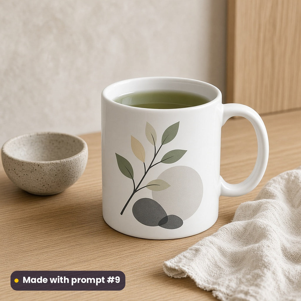 White mug with a premium vector Japandi branch and stone design in charcoal, sage and cream, holding green tea on a pale oak counter, made with prompt #9