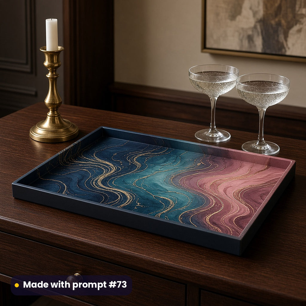 Tray printed with dark luxury navy, teal and dusky pink ombre with flowing gold lines, on a walnut sideboard beside a brass candlestick, made with prompt #73