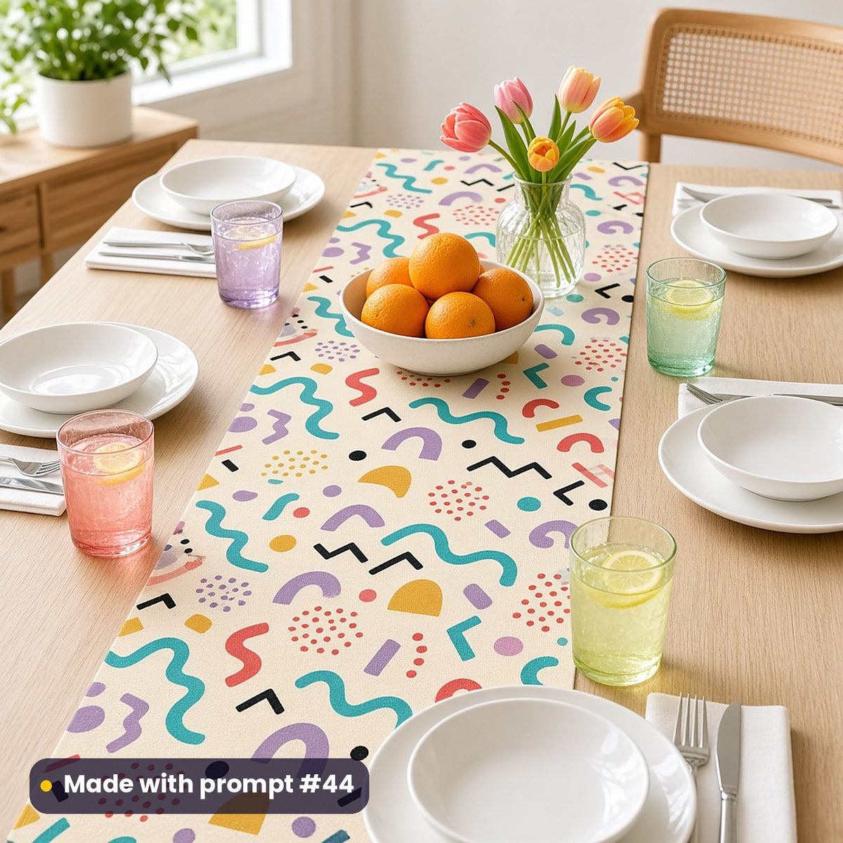 Table runner printed with neo Memphis squiggles, dots and arches, on a bright dining table with white plates, lemonade, oranges and tulips, made with prompt #44
