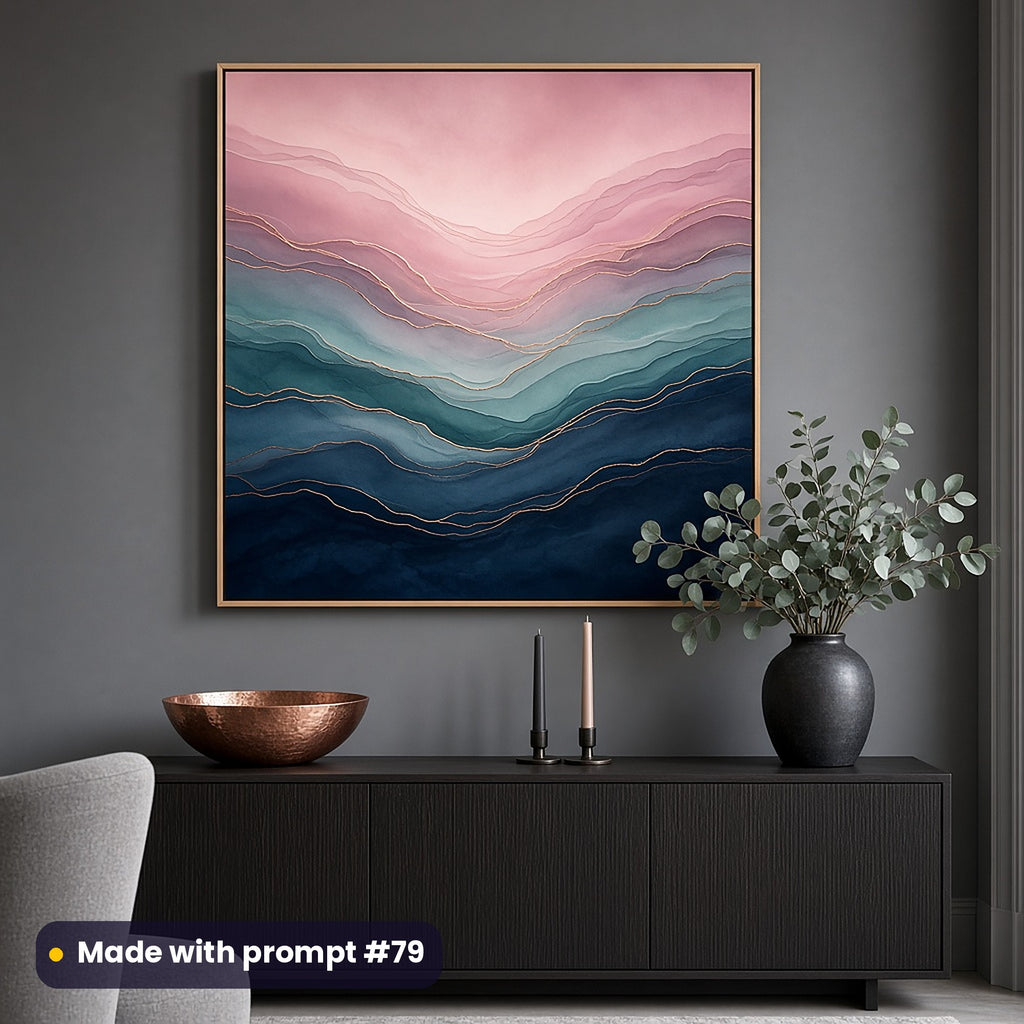 Wall art of a full scenic luxe ombre horizon in pink, teal and navy with rose-gold lines, on a grey dining-room wall above a dark sideboard, made with prompt #79