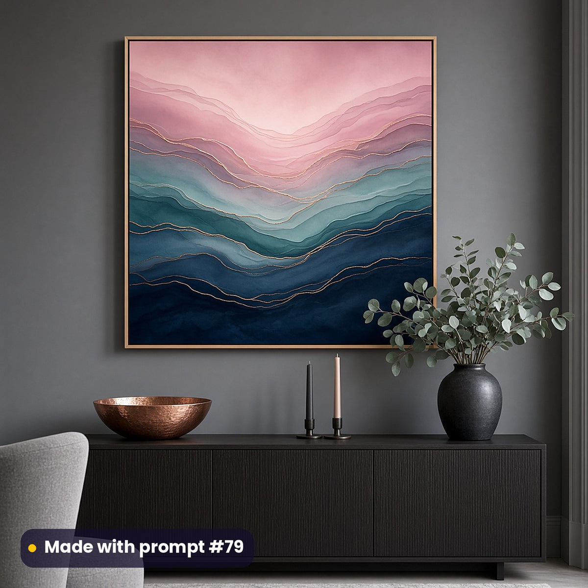 Wall art of a full scenic luxe ombre horizon in pink, teal and navy with rose-gold lines, on a grey dining-room wall above a dark sideboard, made with prompt #79