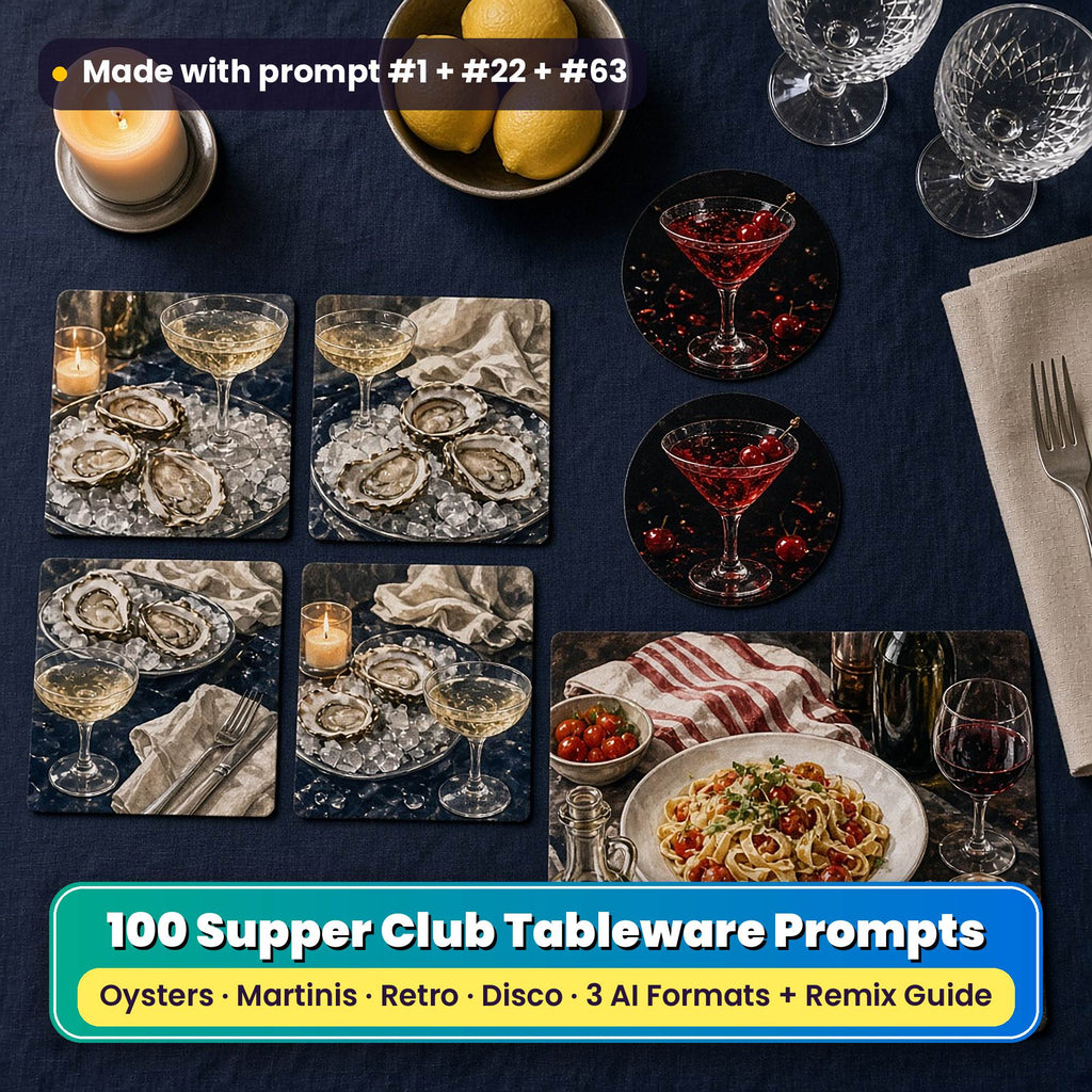 Supper club tableware on a navy linen table: square coasters printed with oysters on ice and crystal coupes, round coasters printed with cherry martinis, and a placemat printed with an Italian supper of pasta, tomatoes, olive oil and striped linen, beside a candle, lemons and crystal glasses, made with prompt #1 + #22 + #63