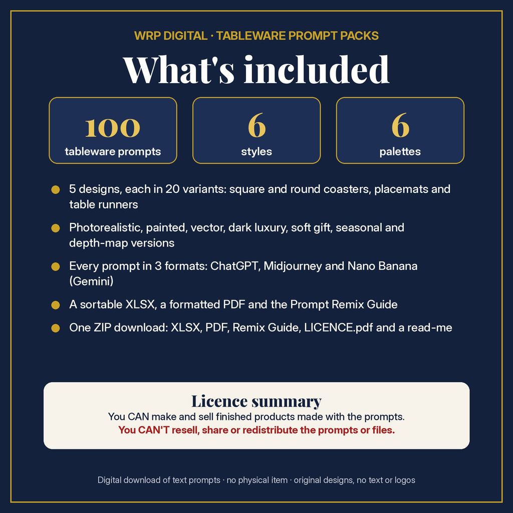 What's included: 100 tableware prompts, 6 styles, 6 palettes, 5 designs in 20 variants for coasters, placemats and table runners, 3 formats, XLSX and PDF, Prompt Remix Guide, ZIP, and a licence summary