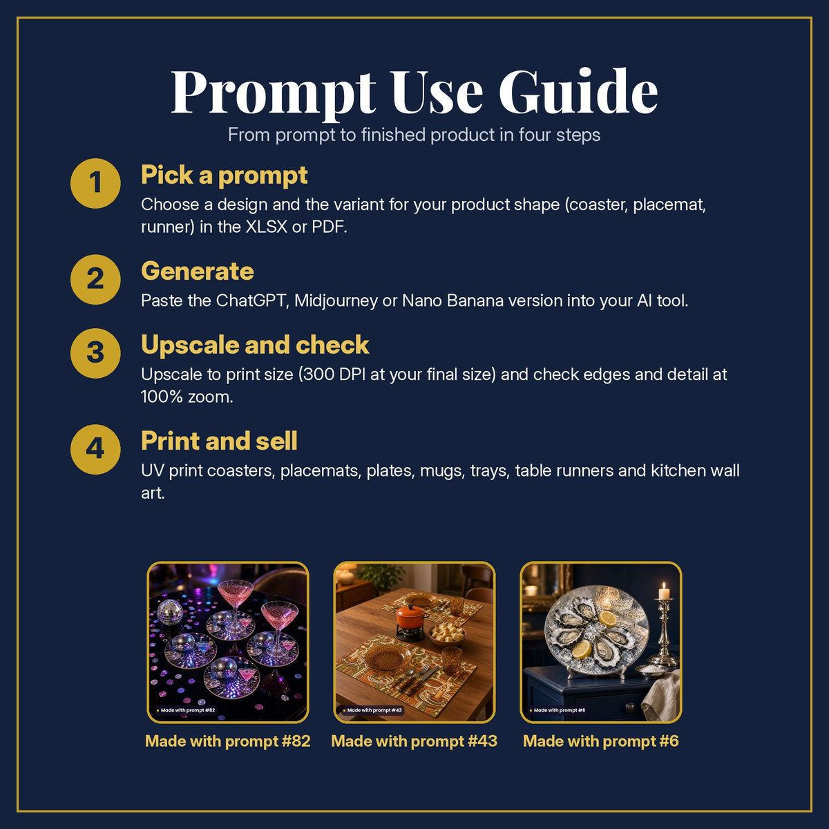 Prompt Use Guide in four steps: pick a prompt, generate, upscale and check, print and sell, with example products made with prompt #82, prompt #43, prompt #6