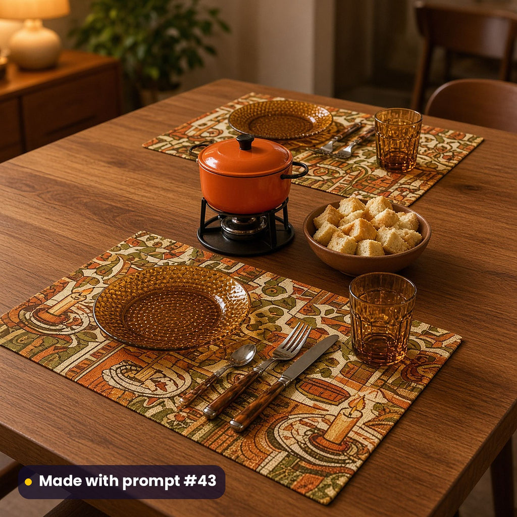 Two placemats printed with a 1970s dinner party pattern of candles and linens in orange, olive and amber, set with amber glass plates and tumblers around an orange fondue pot, made with prompt #43