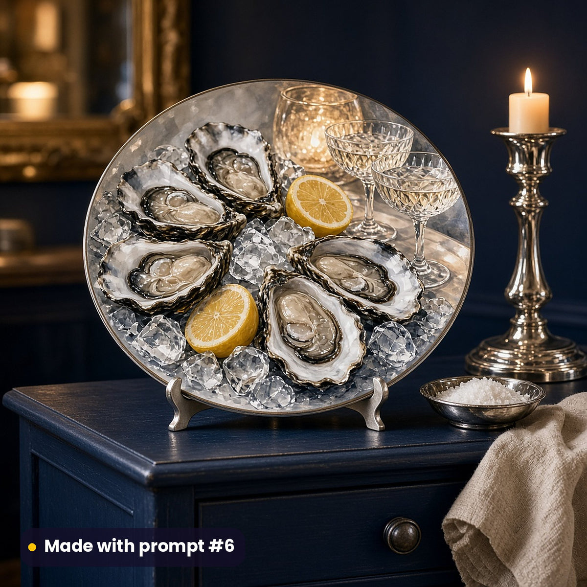 Round plate painted with oysters on crushed ice, lemon halves and crystal coupes in candlelight, on a stand on a navy dresser beside a silver candlestick and sea salt, made with prompt #6