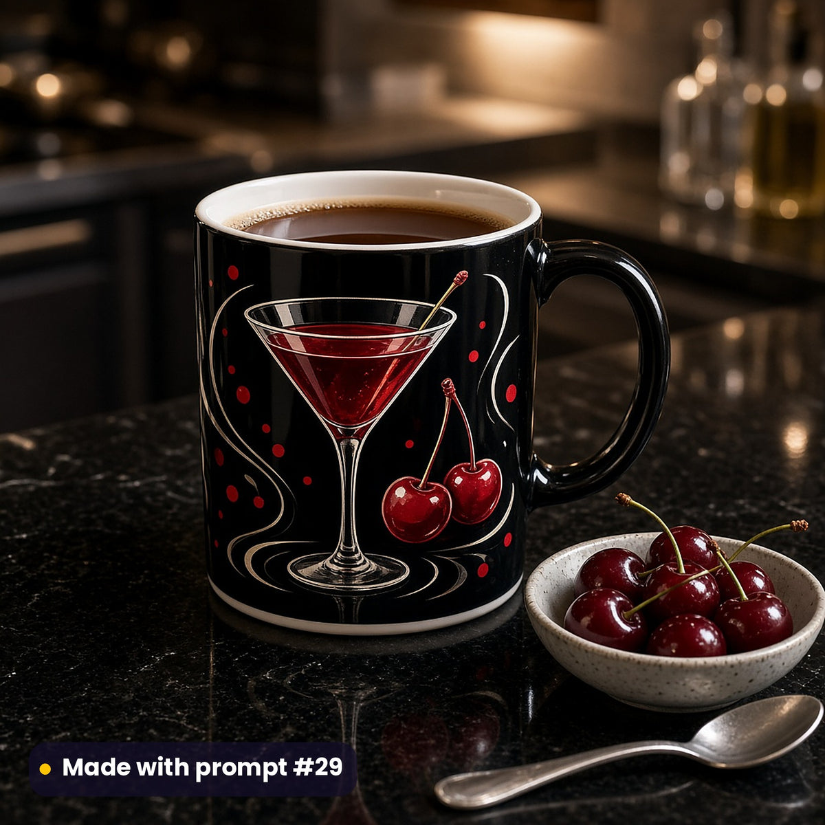 Black mug with a vector cherry martini and glossy cherries in red, black and cream, on a black stone counter with a bowl of fresh cherries and a silver spoon, made with prompt #29