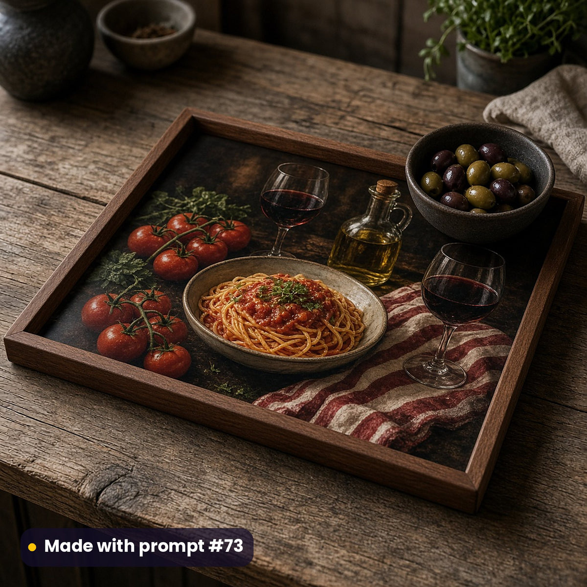 Walnut tray printed with a dark Italian supper of spaghetti, vine tomatoes, olive oil, wine glasses and striped linen, with a bowl of olives on a rustic counter, made with prompt #73