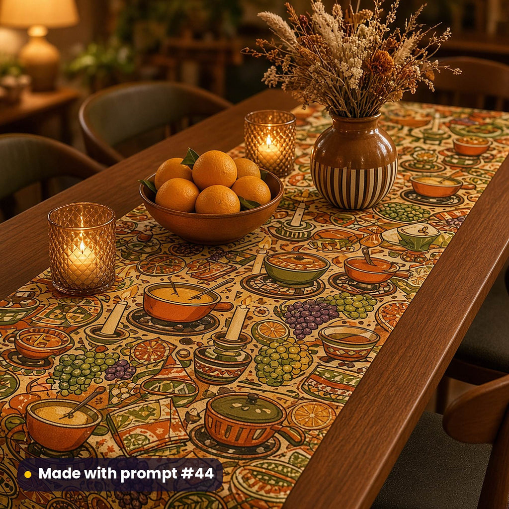 Long table runner printed with a 1970s dinner party pattern of fondue pots, candles, grapes and oranges, on a teak table with amber candle holders, oranges and dried flowers, made with prompt #44