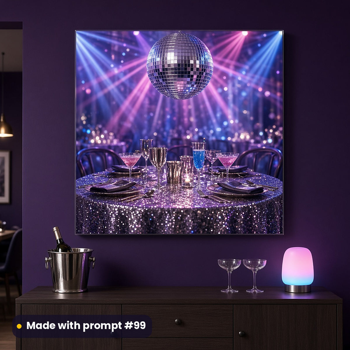 Acrylic wall art of a glittering disco dining table under a mirror ball and colourful light beams, on a violet wall above a sideboard with an ice bucket, coupes and a glowing lamp, made with prompt #99
