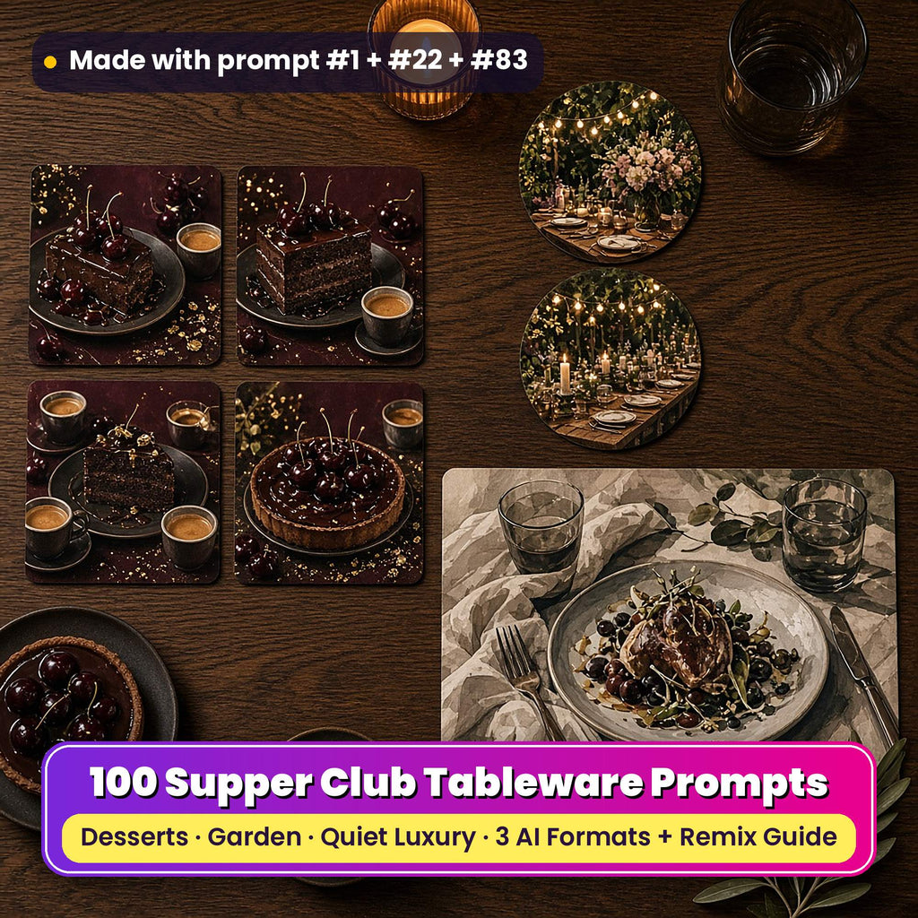 Supper tableware on a dark oak table: square coasters printed with chocolate desserts, espresso and dark cherries, round coasters printed with a garden supper table under string lights, and a placemat printed with a quiet luxury plate on linen and smoked glass, beside a cherry tart, an espresso and an olive sprig, made with prompt #1 + #22 + #83