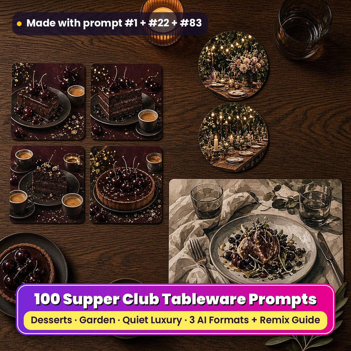 Supper tableware on a dark oak table: square coasters printed with chocolate desserts, espresso and dark cherries, round coasters printed with a garden supper table under string lights, and a placemat printed with a quiet luxury plate on linen and smoked glass, beside a cherry tart, an espresso and an olive sprig, made with prompt #1 + #22 + #83