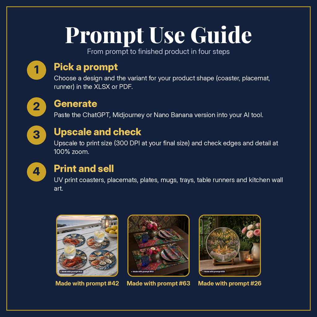 Prompt Use Guide in four steps: pick a prompt, generate, upscale and check, print and sell, with example products made with prompt #42, prompt #63, prompt #26