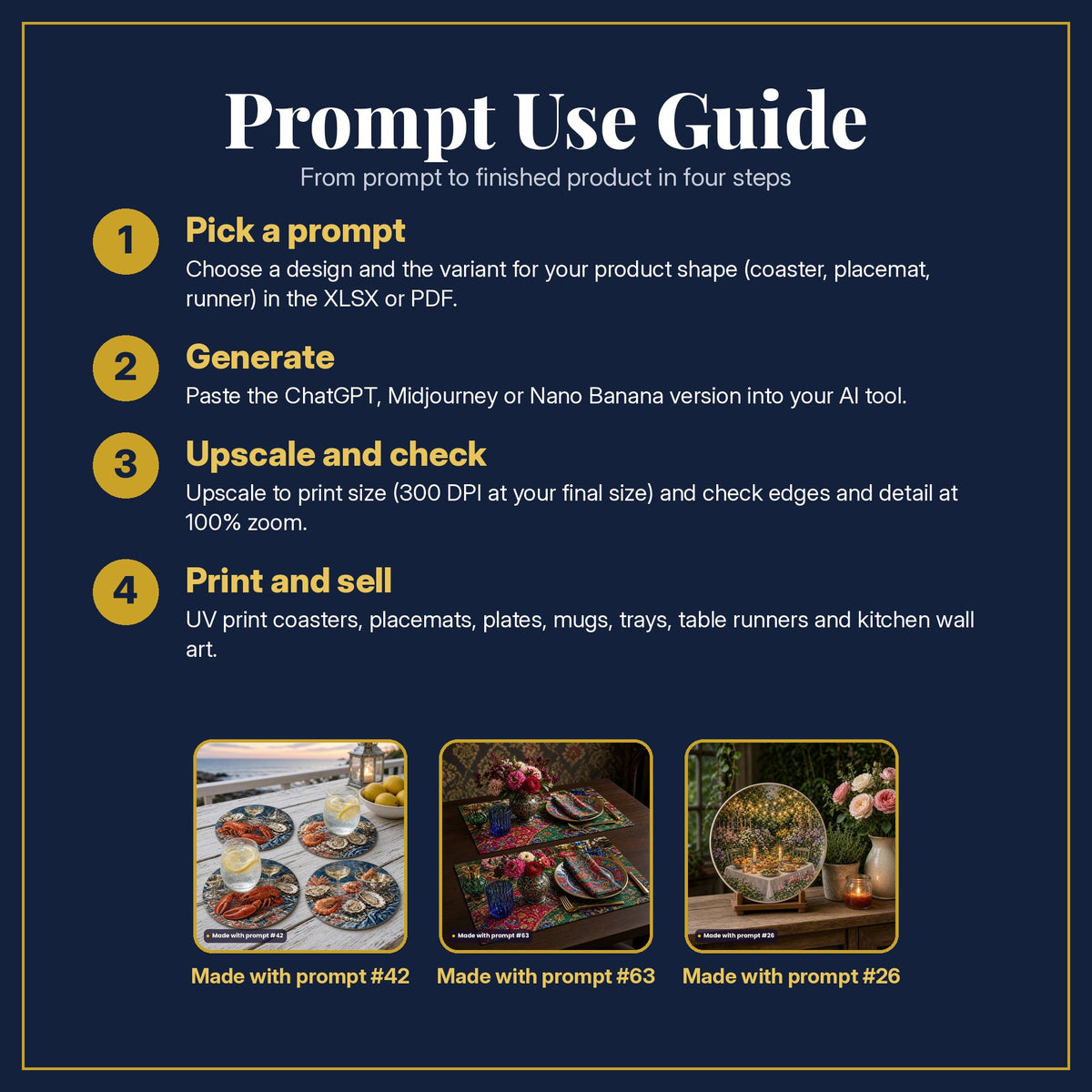 Prompt Use Guide in four steps: pick a prompt, generate, upscale and check, print and sell, with example products made with prompt #42, prompt #63, prompt #26