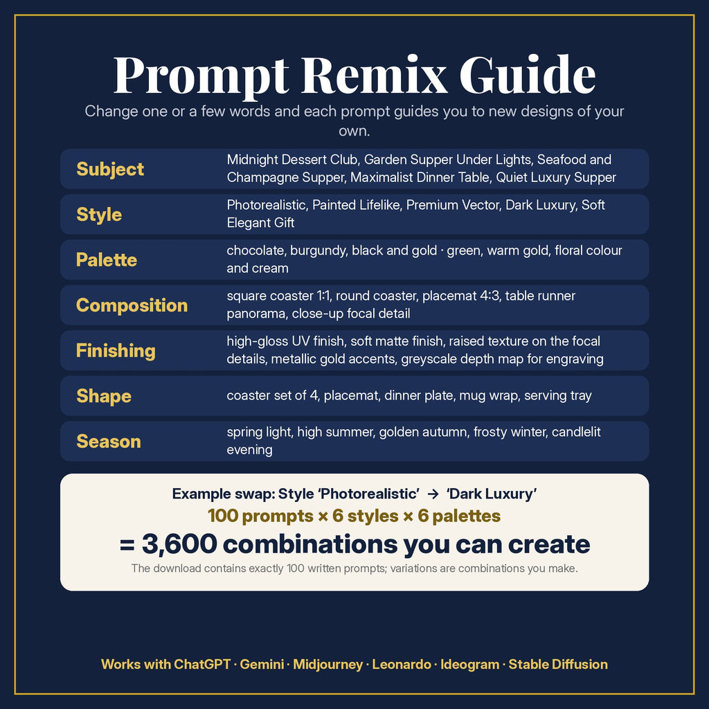 Prompt Remix Guide: change subject, style, palette, composition, finishing, shape and season; 100 prompts × 6 styles × 6 palettes = 3,600 combinations you can create